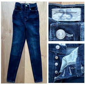 WE THE FREE FREE PEOPLE BUTTON FLY Women’s Distressed Dark Wash Denim Jeans 25